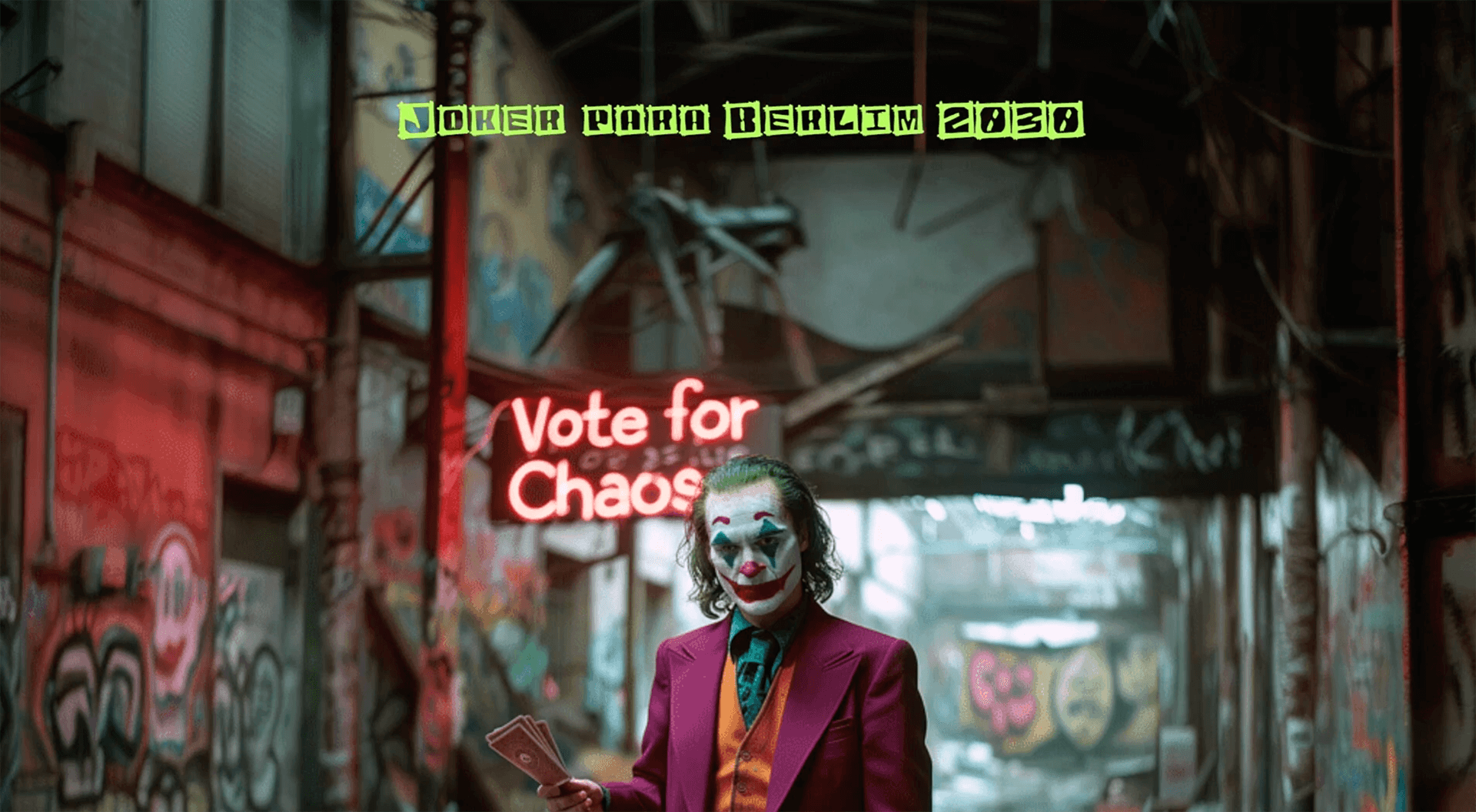 Screenshots des Webseite zum Projekt »Joker für Berlin 2030- Vote for Chaos«, eine Webseite, die die Wahl des Jokers für Berlin 2030 anpreist.